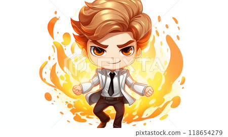 Animated depiction features a young, dynamic CEO standing confidently, exuding energy and leadership, capturing the essence of a new-generation professional in a vibrant cartoon. AI Generated 118654279