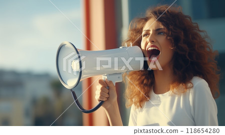 Businesswoman confidently makes announcements through a megaphone, exuding authority and professionalism while immersed in her work environment. AI Generated 118654280