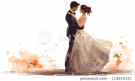 Delightful illustration captures a blissful moment as a happy bride and groom embrace, radiating warmth and love, symbolizing the joy and connection on their special day. AI Generated 118654281