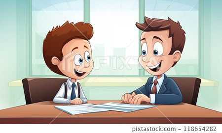 Illustration of depicting corporate employees engaged in a discussion, exploring collaborative work and communication within the company for mutual understanding and productivity. AI Generated 118654282
