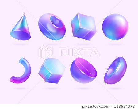 Realistic holographic shapes. 3d figure hologram rainbow prism reflection, abstract trendy geometric gradient shape futuristic sphere cube form render, exact vector illustration 118654378