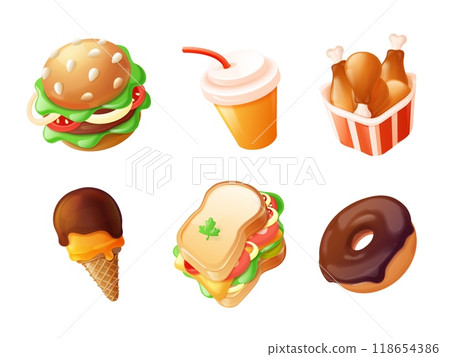 3d street food. Cartoon fastfood icons, unhealthy eating junk meal set sandwich chicken hamburger restaurant snack foods menu, realistic plastic render exact vector illustration 118654386