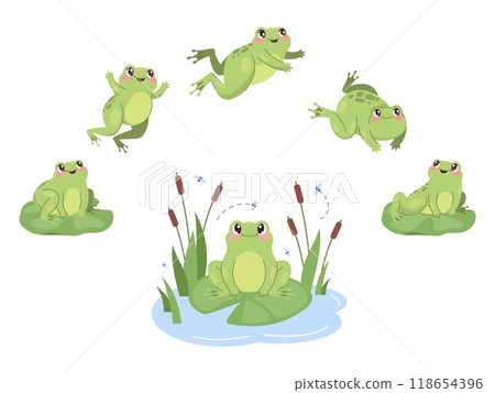 Jumping frog. Cartoon frogs jump movement animation, toad leap action sequence cycle hop motion aquatic green little amphibian fly pose 2d animated set swanky vector illustration 118654396