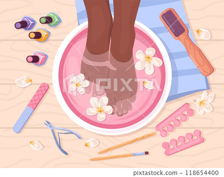 Pedicure bath. Feminine feet spa bowl with petals top view, nail care tools leg gentle skin woman foot fingernail treatment, beauty salon spa procedure swanky vector illustration 118654400