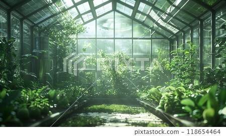 A vibrant greenhouse filled with various healthy plants, utilizing advanced technology for optimal growth in a serene, sunlit environment 118654464