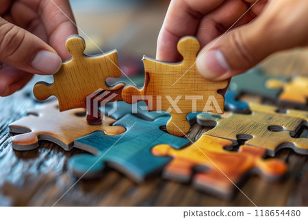 Two individuals collaborate by connecting colorful puzzle pieces on a wooden table, promoting teamwork and problem solving skills 118654480