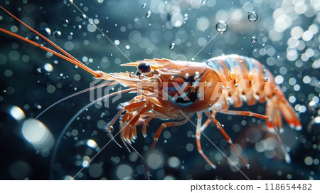 A Black Sea shrimp moves gracefully among bubbles and particles in its underwater environment, showcasing its vivid colors and textures 118654482