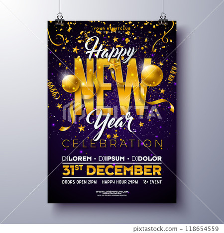 Happy New Year 2025 Party Celebration Poster Template Illustration with Golden Typography Lettering and Christmas Ball on Dark Violet Background. Vector New Year Eve Holiday Flyer Design. Premium Happy New Year 2025 Party Celebration Poster Template Illustration with Golden Typography Lettering and Christmas Ball on Dark Violet Background. Vector New Year Eve Holiday Flyer Design. Premium 118654559