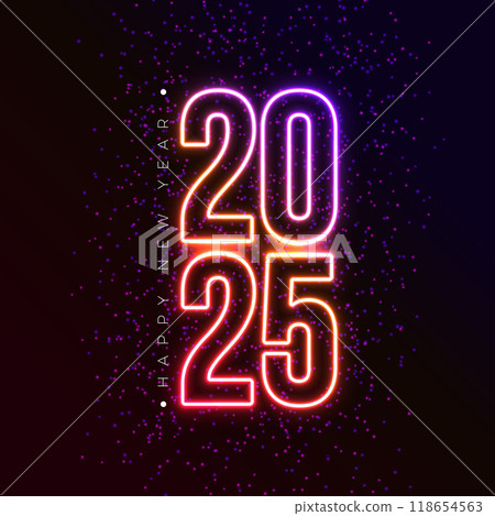 Happy New Year 2025 Illustration with Glowing Neon Light Number on Dark Background. Vector Christmas Holiday Season Design for Flyer, Greeting Card, Banner, Celebration Poster, Party Invitation 118654563