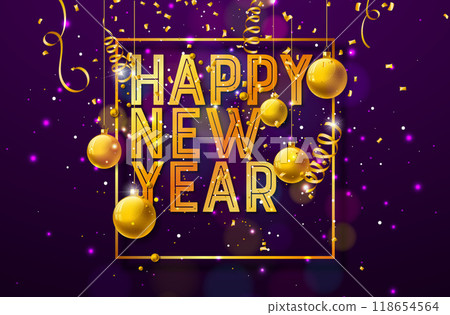 2025 Happy New Year Illustration with Golden Typography Lettering, Christmas Ball and Star on Falling Confetti Background. Winter Holiday Design for Flyer, Banner, Greeting Card, Celebration Poster 2025 Happy New Year Illustration with Golden Typography Lettering, Christmas Ball and Star on Falling Confetti Background. Winter Holiday Design for Flyer, Banner, Greeting Card, Celebration Poster 118654564