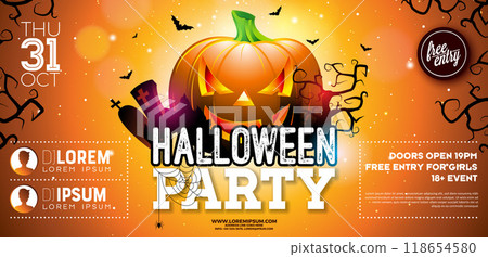 Halloween Party Banner Illustration with Scary Faced Pumpkins on Orange Cemetery Background. Vector Holiday Design Template with Flying Bats and Typography Lettering for Flyer, Party Invitation 118654580