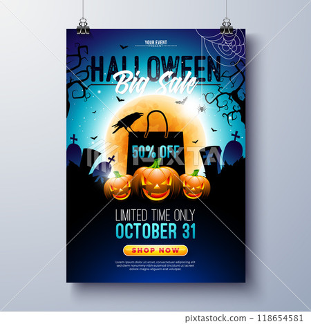 Halloween Sale Flyer Illustration with Pumpkin, Bag and Cemetery on Moon Background. Vector Holiday Design Template with Typography Lettering for Offer, Coupon, Celebration Flyer, Voucher or 118654581