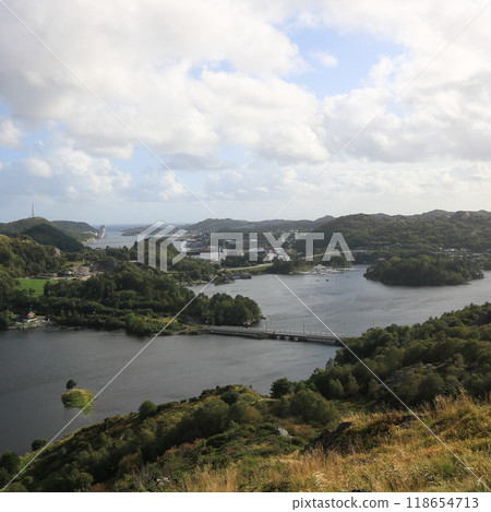 View of Egersund from Lauvnesfjell, Norway. 118654713