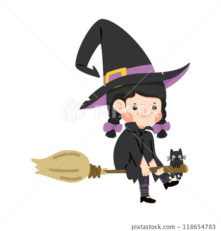 Cute child witch on broomstick 118654783
