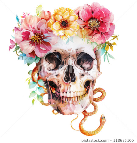 Skull Adorned with Vibrant Watercolor Flower Crown in Pink, Yellow, and Orange Tones with Delicate Golden Snakes Intertwined 118655100