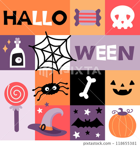 Cute Halloween seamless pattern. Trick or treat background. Cartoon pumpkin, candy, spider, which hat. Pattern for print, fabric, wrapping paper. Vector illustration Cute Halloween seamless pattern. Trick or treat background. Cartoon pumpkin, candy, spider, which hat. Pattern for print, fabric, wrapping paper. Vector illustration 118655381