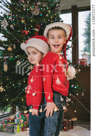 Two emotional kids in Santa hats and red festive sweaters back to back tied up with garland of lights with decorated Christmas tree in living room. Children in captivity. Break time, Rest for parents Two emotional kids in Santa hats and red festive sweaters back to back tied up with garland of lights with decorated Christmas tree in living room. Children in captivity. Break time, Rest for parents 118655577