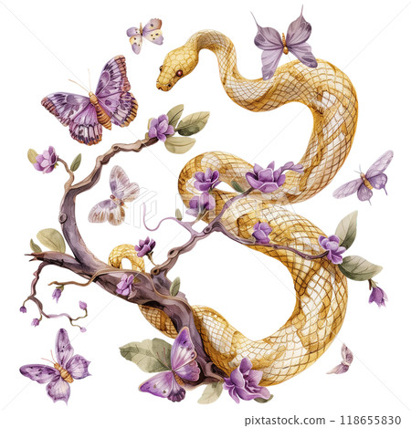Graceful Golden Snake on a Branch Surrounded by Delicate Purple Moths and Butterflies 118655830