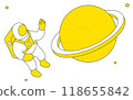 A cute and simple line drawing illustration of an astronaut on a spacewalk and Saturn 118655842