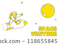 A cute and simple line drawing illustration of an astronaut sitting on a rocket and pointing at the moon 118655845