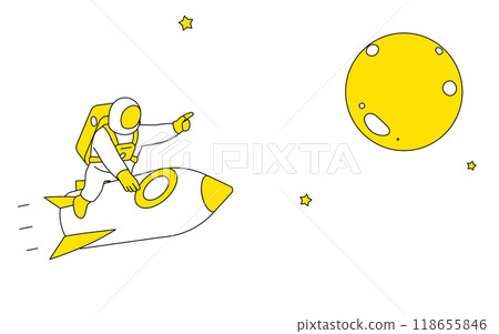 太空人乘坐火箭並指向月球的可愛簡單線條畫插圖 118655846