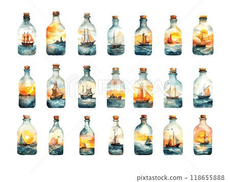 Watercolor ships in bottles. Glass vessel with ocean schooners, tiny sailing boat miniatures yachts lighthouse shore marine landscapes, isolated vector illustration set Watercolor ships in bottles. Glass vessel with ocean schooners, tiny sailing boat miniatures yachts lighthouse shore marine landscapes, isolated vector illustration set 118655888