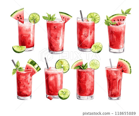 Watercolor fresh watermelon cocktails. Juice cold drinks with ice cubes, tubes in glass decorated lime slices, summer cool beverages tonics isolated vector set on white background Watercolor fresh watermelon cocktails. Juice cold drinks with ice cubes, tubes in glass decorated lime slices, summer cool beverages tonics isolated vector set on white background 118655889
