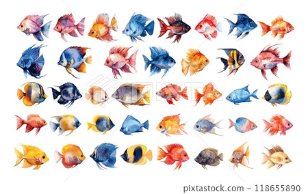 Watercolor fish. Ocean marine decorative royal angel lionfish anthias butterfly, multicolored with long fins aquarium underwater animals, coral tiny sea life creatures, isolated vector set Watercolor fish. Ocean marine decorative royal angel lionfish anthias butterfly, multicolored with long fins aquarium underwater animals, coral tiny sea life creatures, isolated vector set 118655890