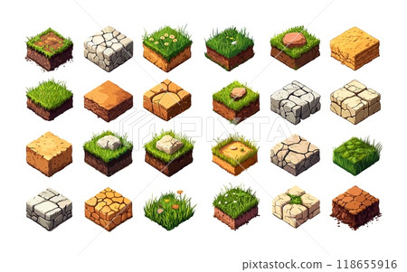 Isometric ground samples. Soil desert with cracks sand clay stone arid lawn green grass land surfaces, geology earth slices layers cubes field parts elements, isolated vector set 118655916