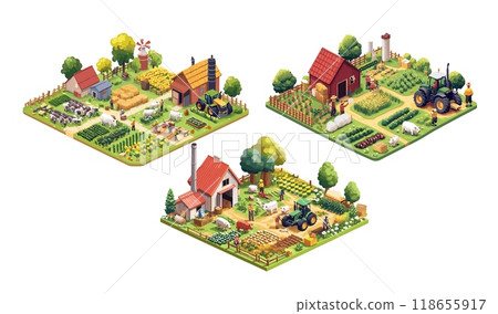 Isometric farm. Farmers feeding pigs sheep and cows, working in vegetable beds, tractor harvesting meadow glade field, rural agriculture cattle husbandry countryside isolated illustrations 118655917