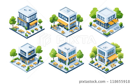 Isometric cafe buildings. Restaurant modern glass facade cafeteria with trees tables and wooden benches outdoor, fast food veranda breakfast dining urban bistro coffee shop, isolated vector set 118655918