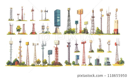Cartoon wireless towers. 5g 4g lte antenna and transmitters constructions, telecommunication radio telephone internet communications, radar satellites equipment vector isolated illustration set 118655950