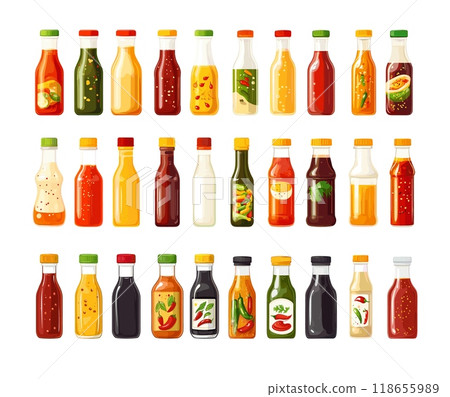 Cartoon sauces. Mustard mayonnaise soy ketchup bbq hot chilli pepper glass and plastic bottles condiments dips gravies, isolated vector set on white background 118655989