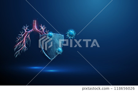 Abstract blue human bronchial tree behind the futuristic guard shield attacked by blue viruses. Lungs protection. 118656026