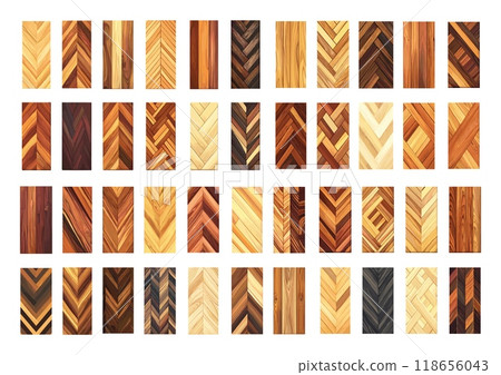 Cartoon herringbone laminate. Wooden parquet floor oak willow beech hardwood natural timber Interior decorative covers construction building material elements, isolated vector set 118656043
