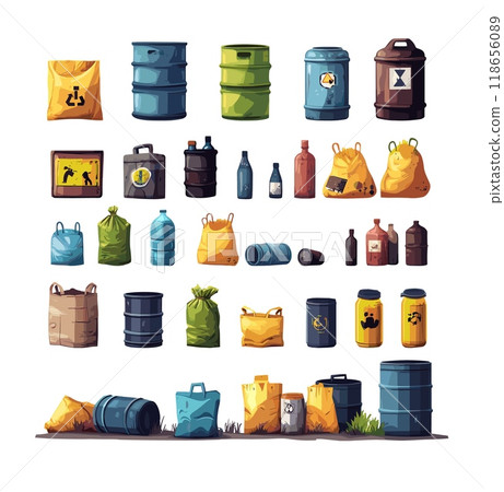 Cartoon environment pollution elements. Metal barrels polythene bags, glass plastic bottles waste paper cups garbage cans, radioactive toxic poison filth junk scrap objects, isolated vector set 118656089