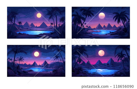 Cartoon egyptian night oasis. Desert landscape with palms lake pyramids on horizon under moonlight, african water source pond sanctuary in twilight sands, vector illustrations 118656090