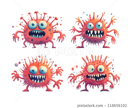 Cartoon angry virus. Funny red bubble microbe, big eyes toothed spiny tentacles bacteria, molecule germ purple pathogen micro organism character, vector illustrations isolated on white background 118656102