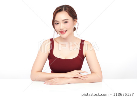 Beautiful young asian woman with clean fresh skin on white background, Face care, Facial treatment, Cosmetology, beauty and spa, Asian women portrait. 118656157