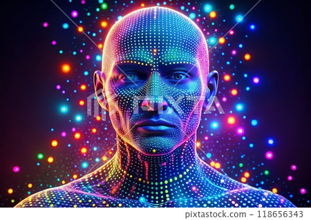 Digital human head made from dots in neon. Generative AI. 118656343