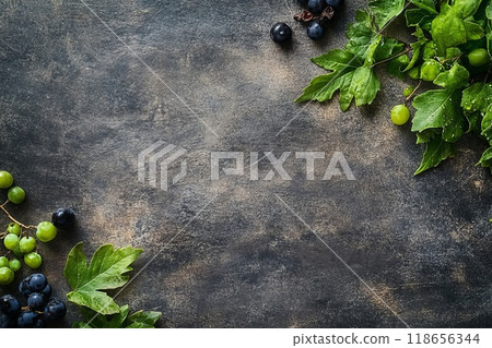 Background with copy space and grapes and leaves. Generative AI. Background with copy space and grapes and leaves. Generative AI. 118656344