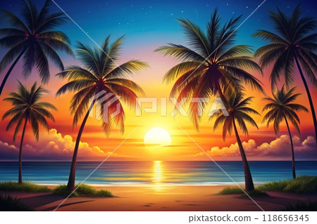 abstract summer background with palm trees, sunset and beach. Generative AI. abstract summer background with palm trees, sunset and beach. Generative AI. 118656345