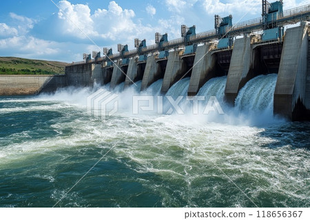 Hydroelectric dam with rushing water and turbines turning. 118656367