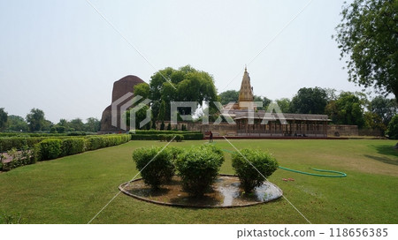 View of the Dhamekh Stupa and Jain temples [Sarnath, India] 118656385