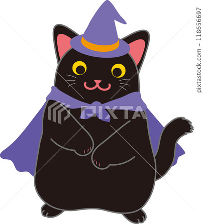 Halloween_Black cat dancing in Halloween costume_Hands on stomach Halloween_Black cat dancing in Halloween costume_Hands on stomach 118656697