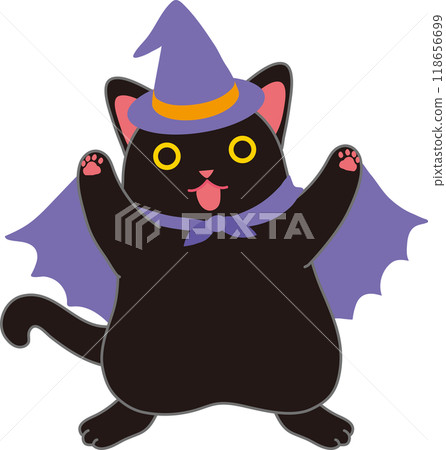Halloween_Black cat dancing in Halloween costume_Both hands raised 118656699