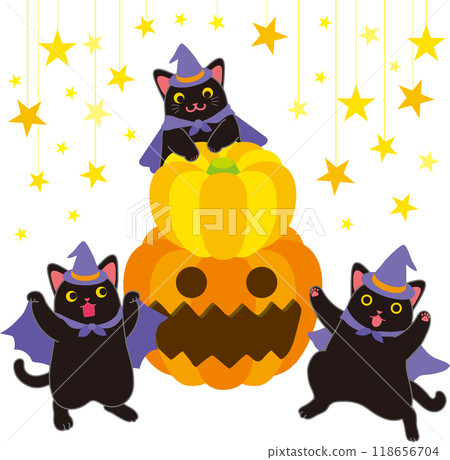 Halloween_Black cat and pumpkin_Three dancing black cats and a jack-o'-lantern_With stars in the background Halloween_Black cat and pumpkin_Three dancing black cats and a jack-o'-lantern_With stars in the background 118656704