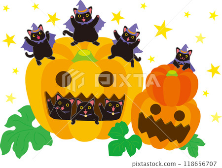 Halloween_Black cat and pumpkin_Three dancing black cats_Three black cats peeking through a pumpkin window_Black cat holding a pumpkin_With stars in the background 118656707
