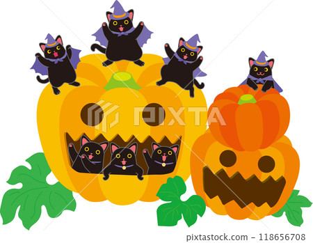 Halloween_Black cat and pumpkin_Three dancing black cats_Three black cats peeking through a pumpkin window_Black cat holding a pumpkin 118656708