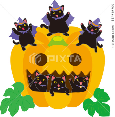 Halloween_Black cats and pumpkins_Three dancing black cats and three black cats peeking through a pumpkin window 118656709